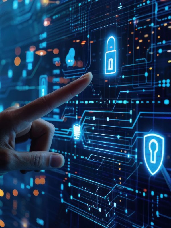 A finger touches a glowing digital screen displaying security icons and data connections in a futuristic blue tone