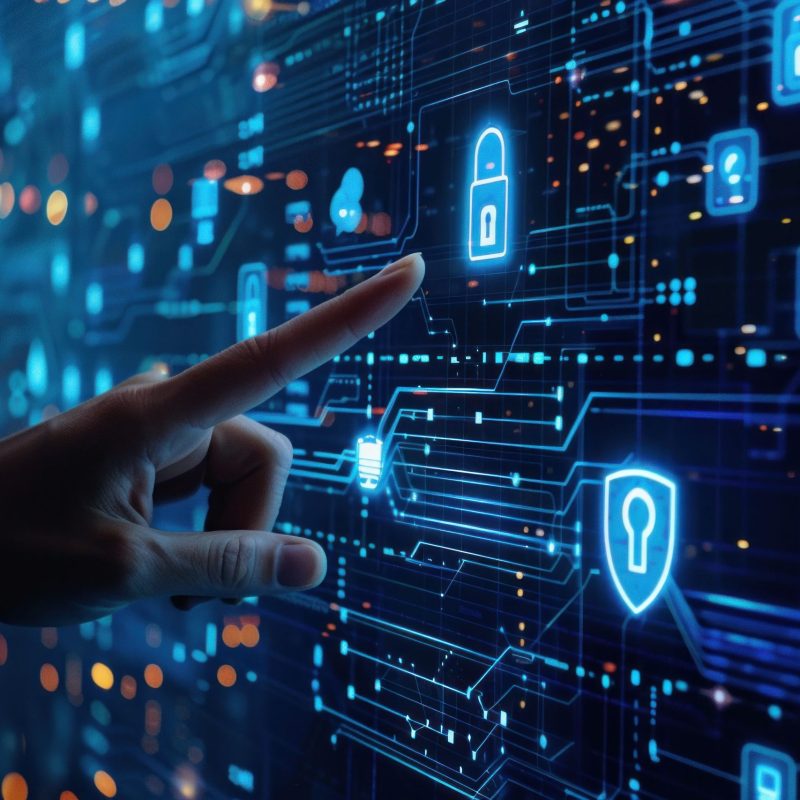 A finger touches a glowing digital screen displaying security icons and data connections in a futuristic blue tone